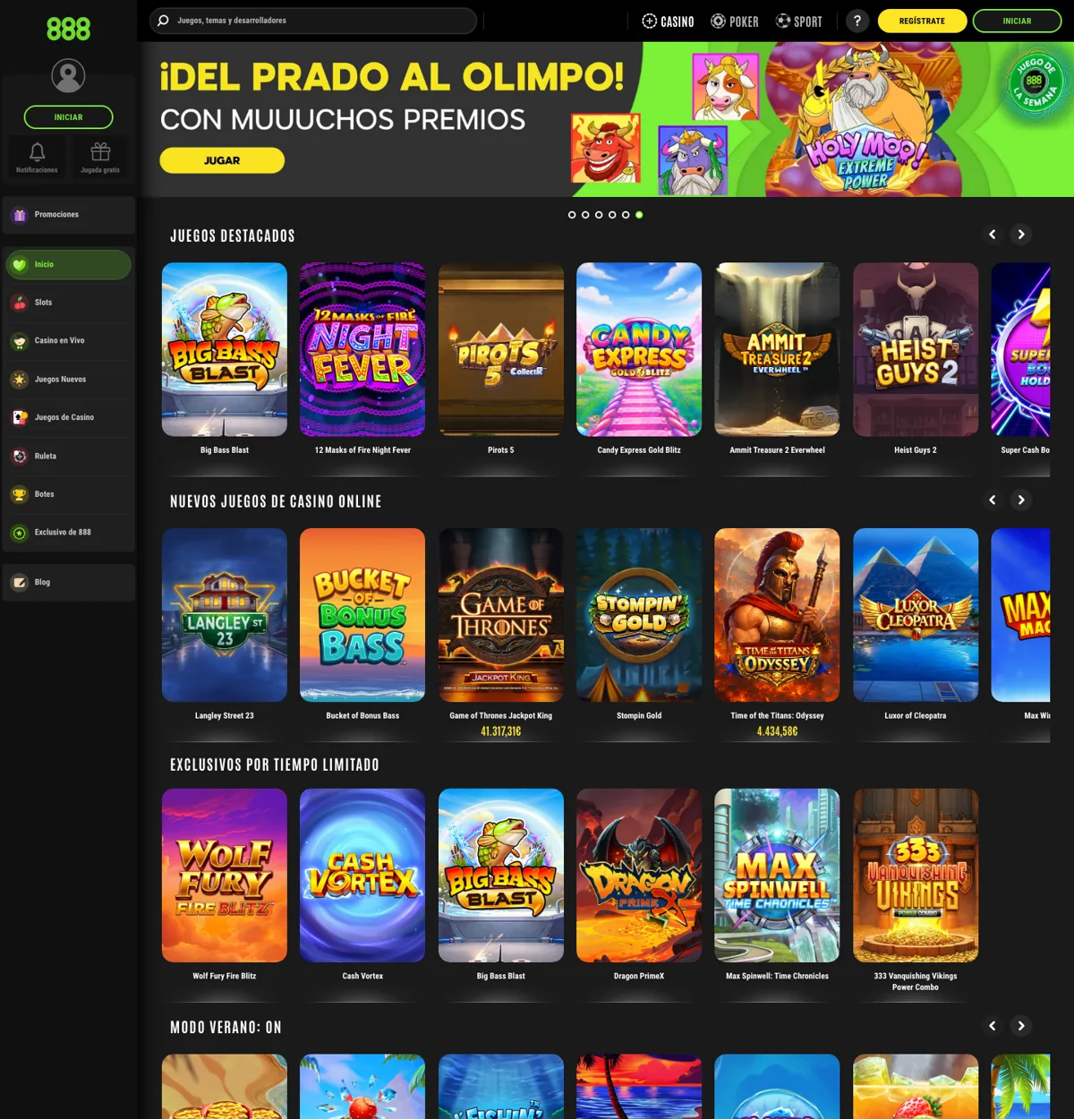Captura de pantalla de 888casino.es, la versión española del casino