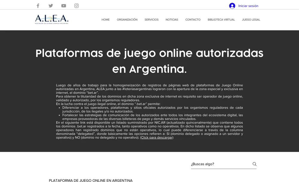 Listado de plataformas autorizadas de ALEA por jurisdicción