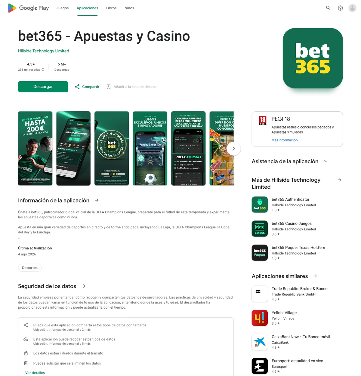 Captura de pantalla de la ficha oficial de bet365 en español en Google Play