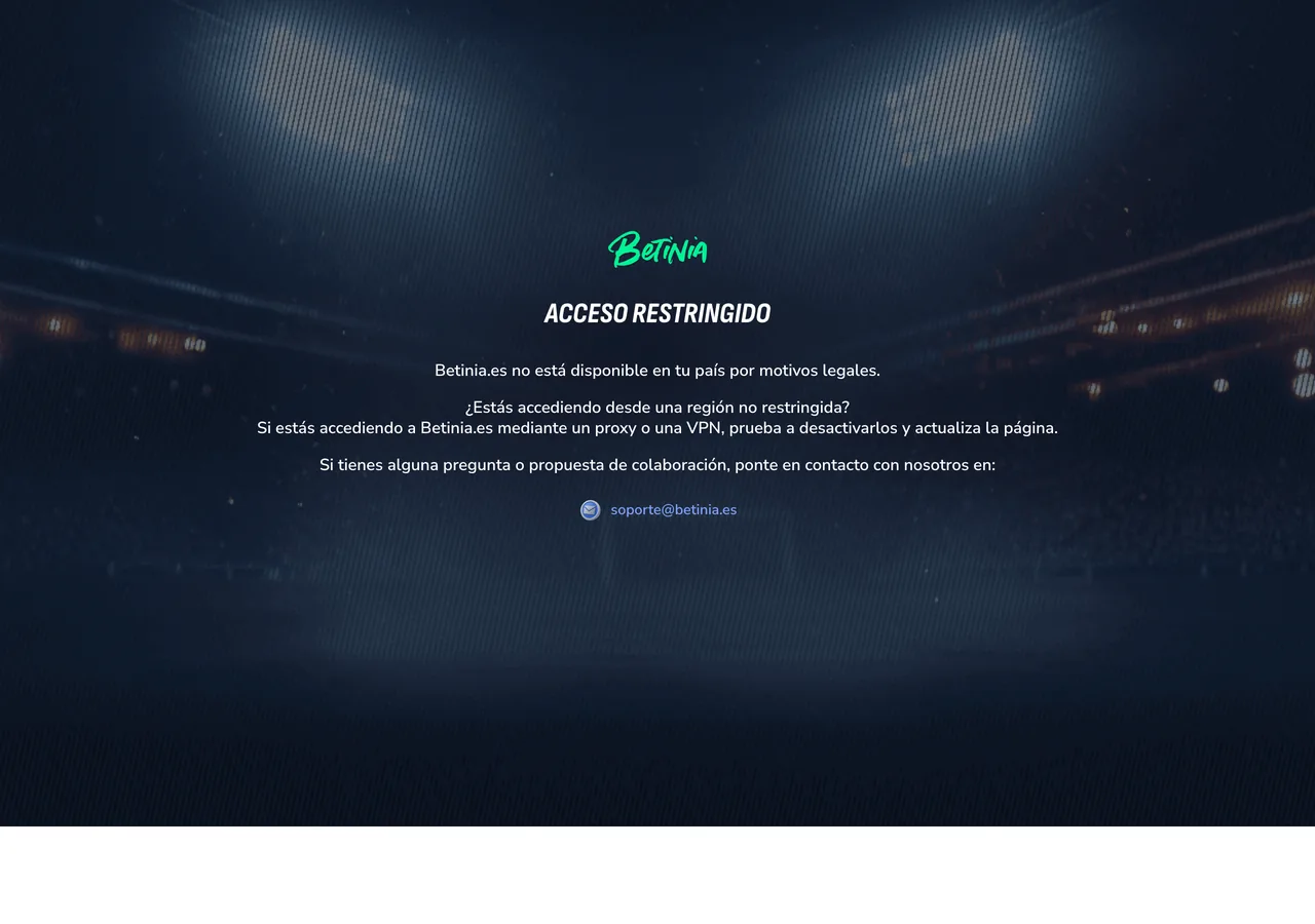 Aviso de acceso restringido de Betinia desde fuera de España