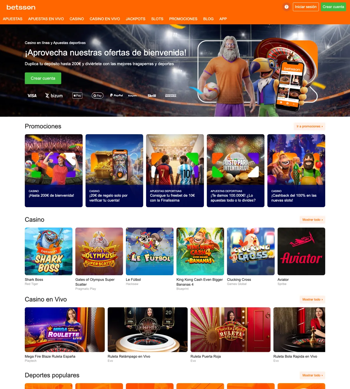 Captura de pantalla de Betsson.es, la versión española del casino