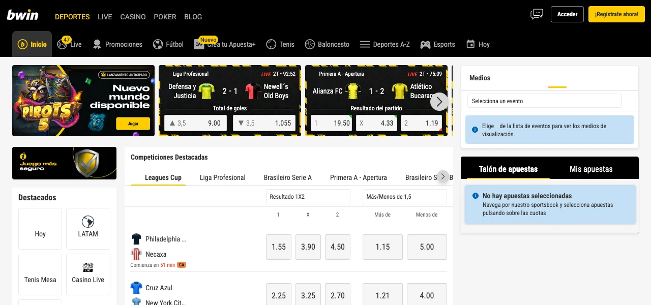 Captura de pantalla del sportsbook de bwin en España