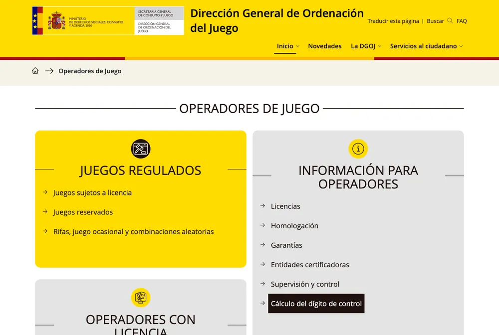 Sección de operadores de juego de la web de la DGOJ