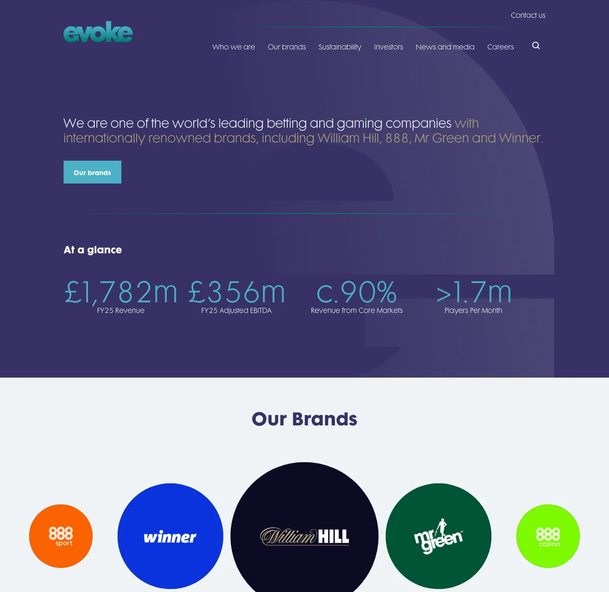 Captura de pantalla de la web corporativa de evoke plc