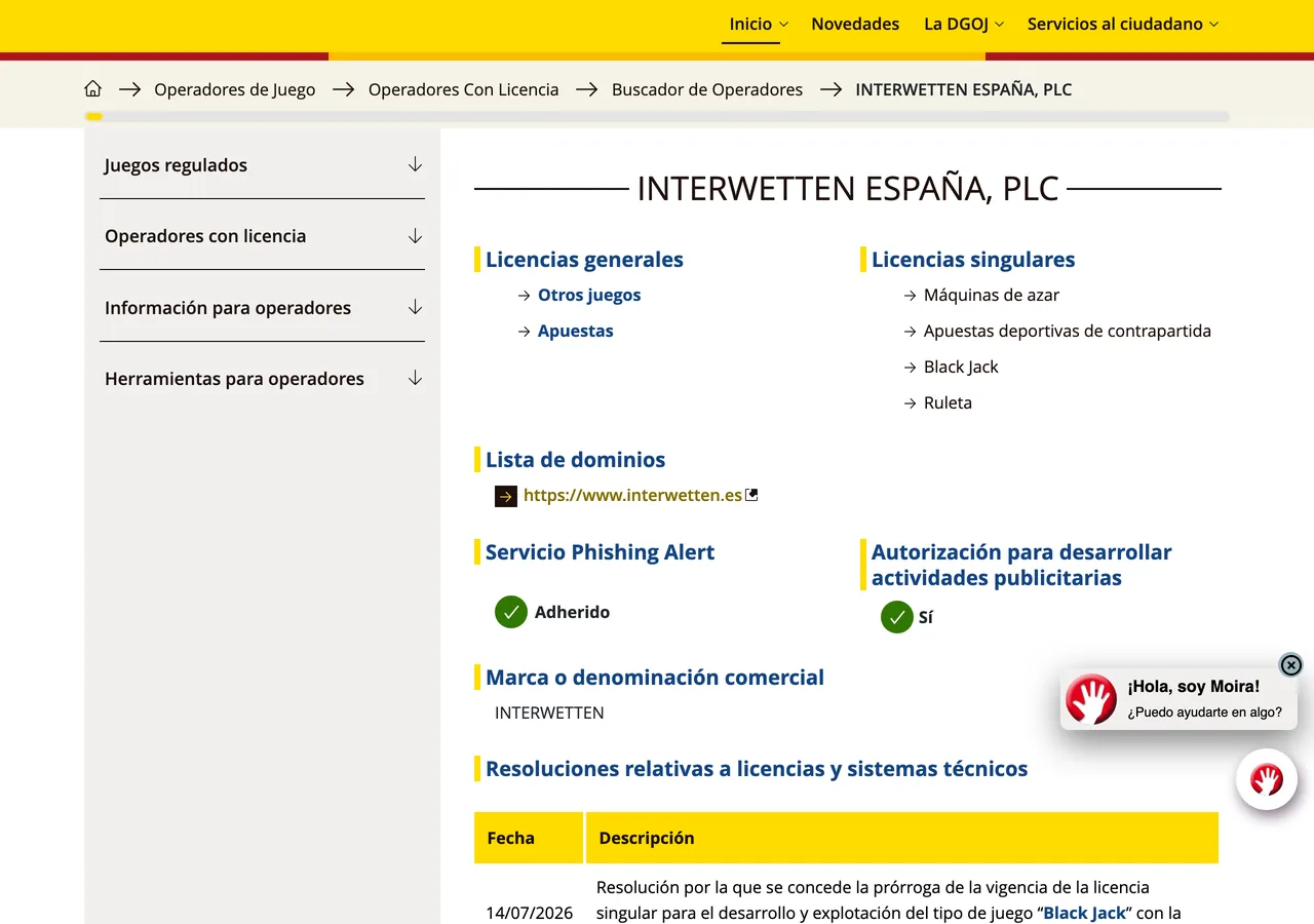 Ficha de Interwetten España en el registro de la DGOJ
