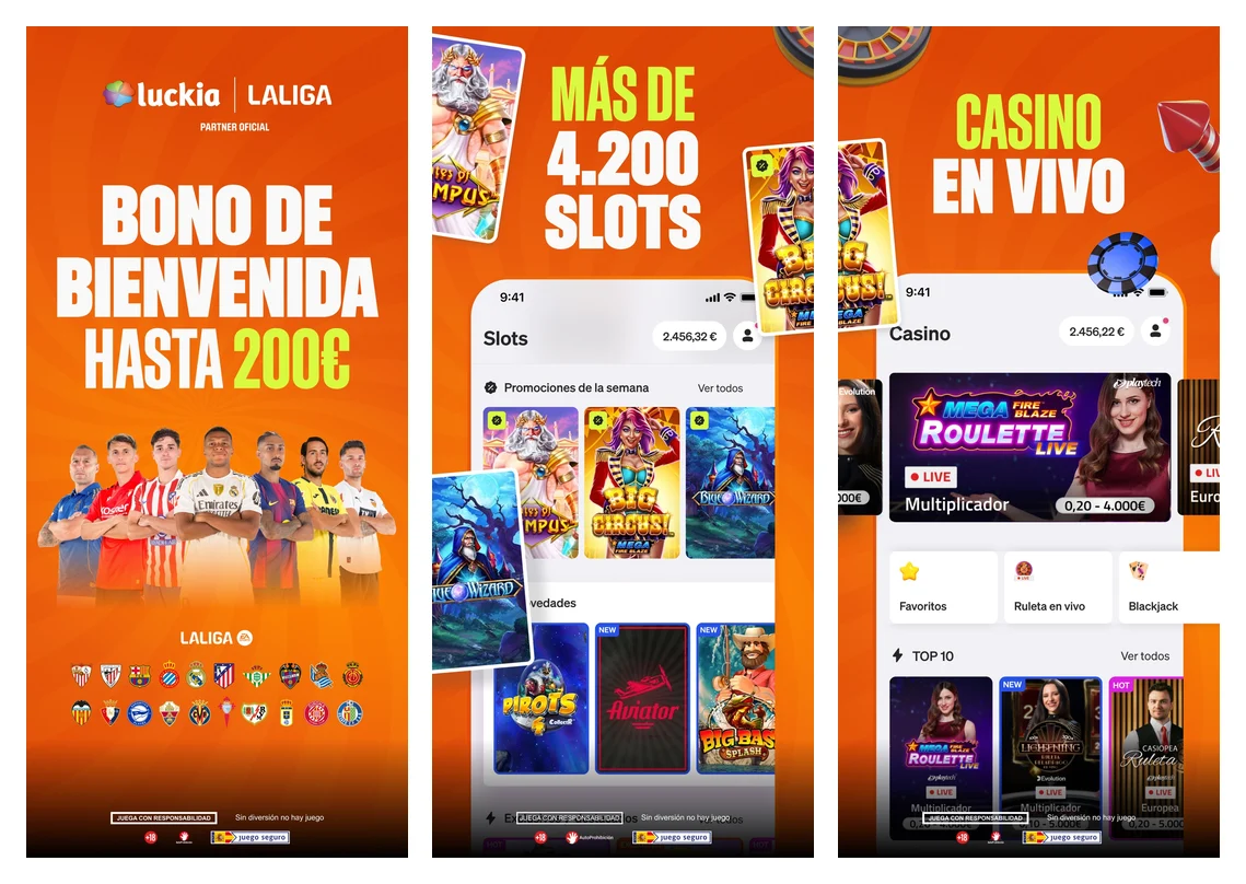 Capturas en español de la app oficial de Luckia: bono de bienvenida, slots y casino en vivo