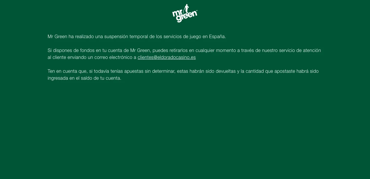 Captura del aviso de suspensión de Mr Green en España