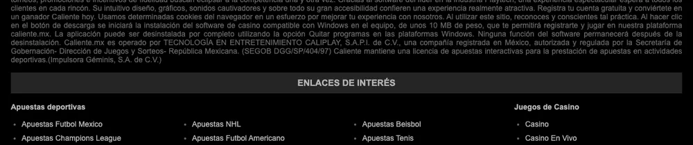 Información legal de un casino mexicano en su pie de página