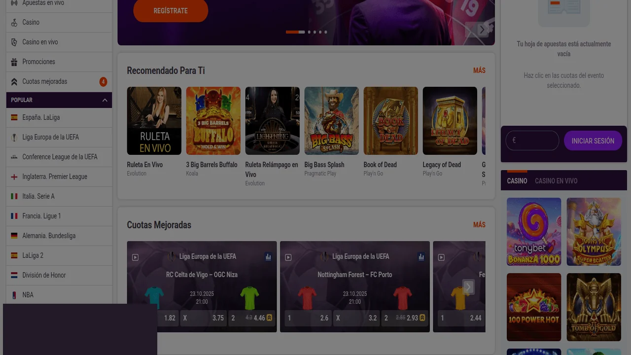 Captura de pantalla de la portada de TonyBet en España