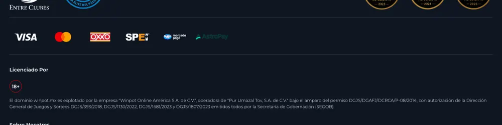 Información legal de Winpot con su permiso de la SEGOB
