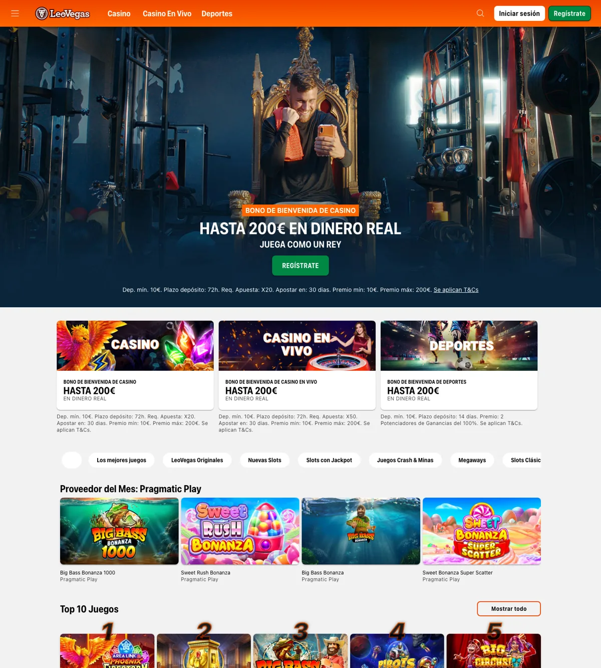 Captura de pantalla de LeoVegas.es, la versión española del casino