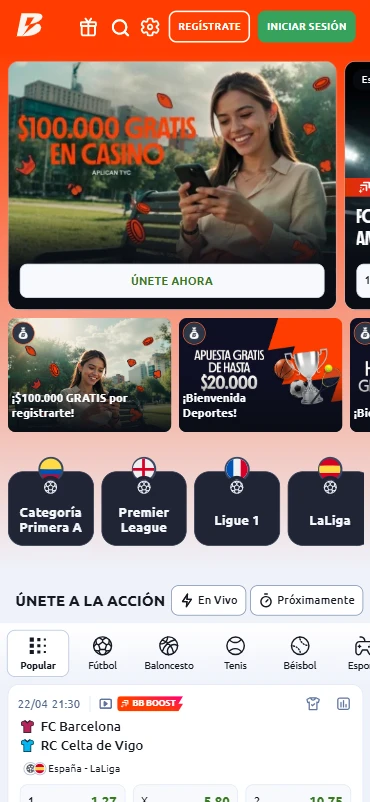 Página de inicio móvil de Betano Colombia