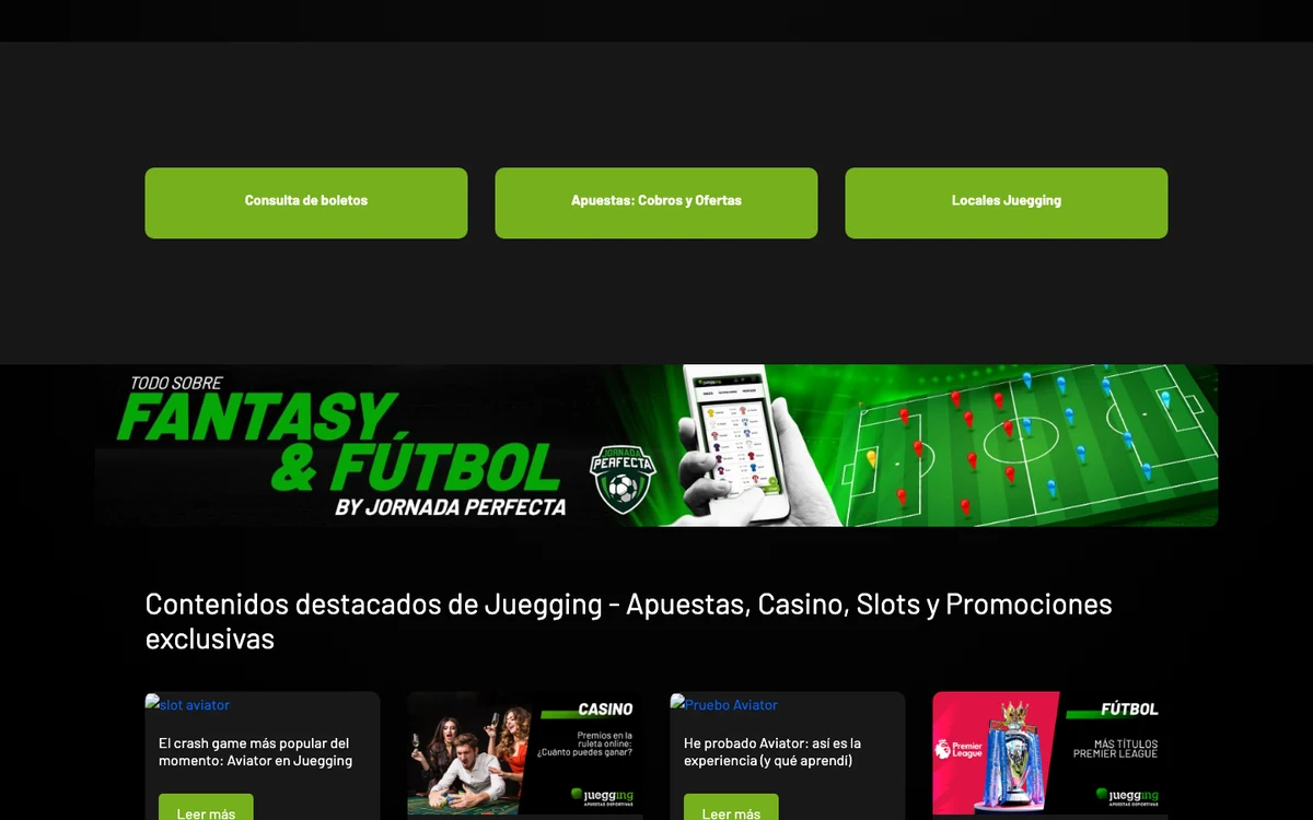Zona de la portada de Juegging con consulta de boletos y locales