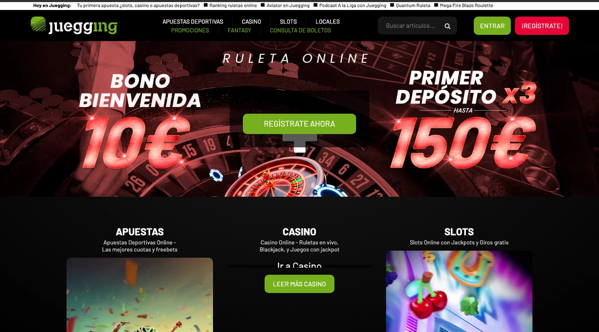 Portada de Juegging.es con su bono de bienvenida de ruleta
