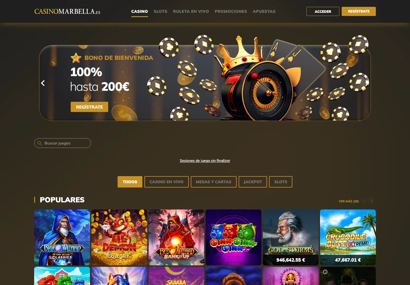 Página principal de Casino Marbella con juegos cargados