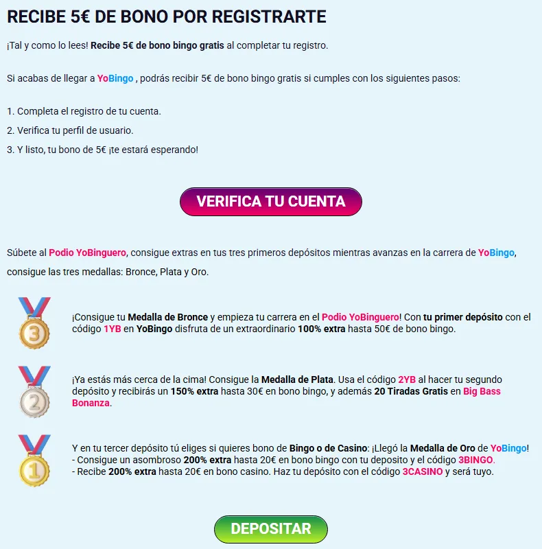 Oferta de bienvenida de YoBingo: 5 € gratis y los códigos 1YB, 2YB, 3BINGO y 3CASINO