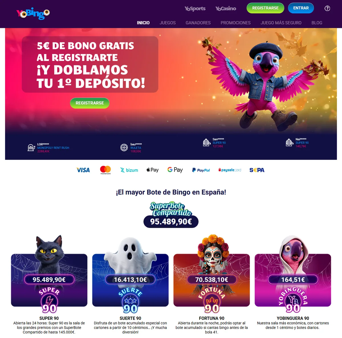 Portada de YoBingo con los 5 € de bono por registrarte y los botes de sus cuatro salas de bingo