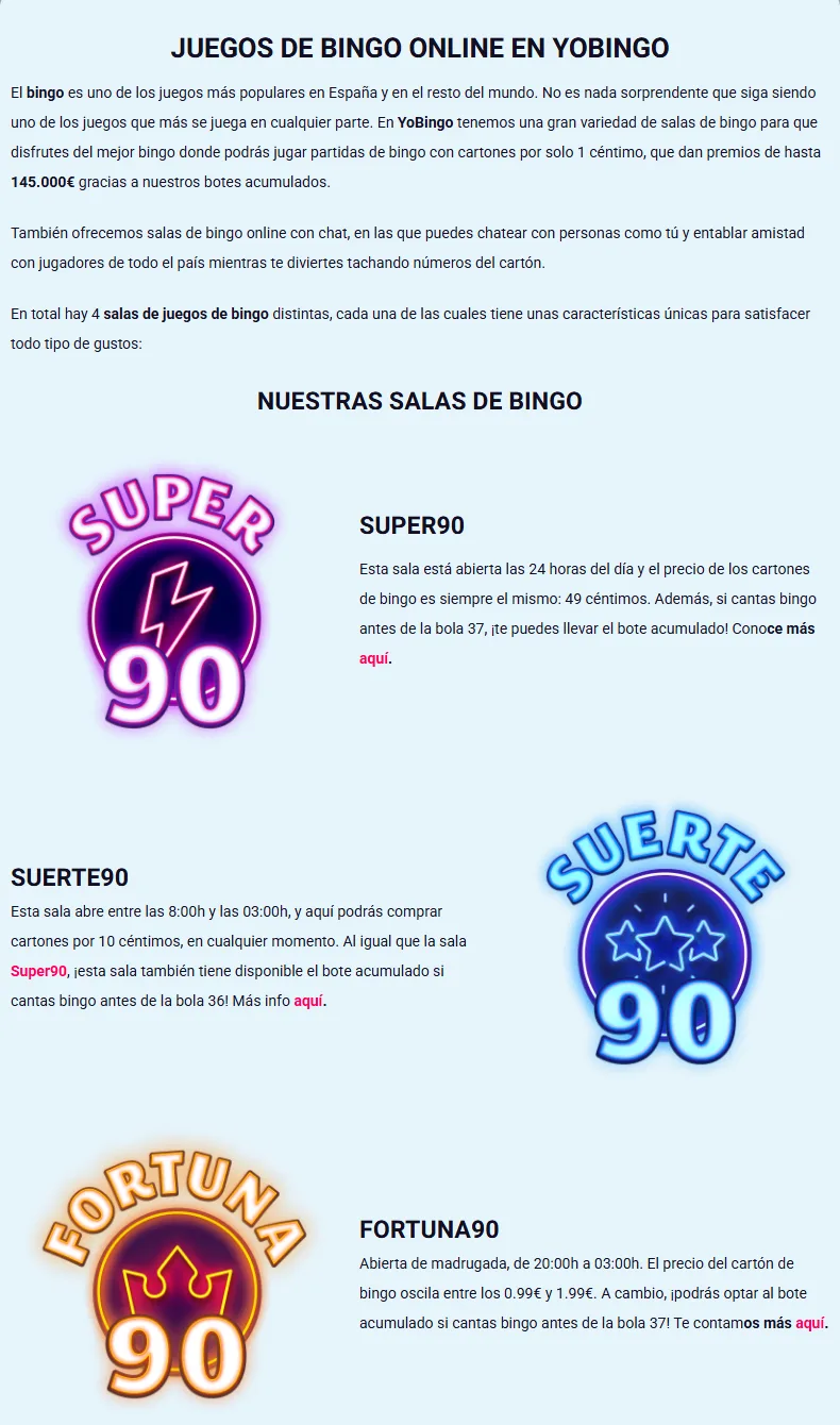 Salas de bingo de YoBingo: Super90, Suerte90 y Fortuna90 con sus horarios y precios de cartón